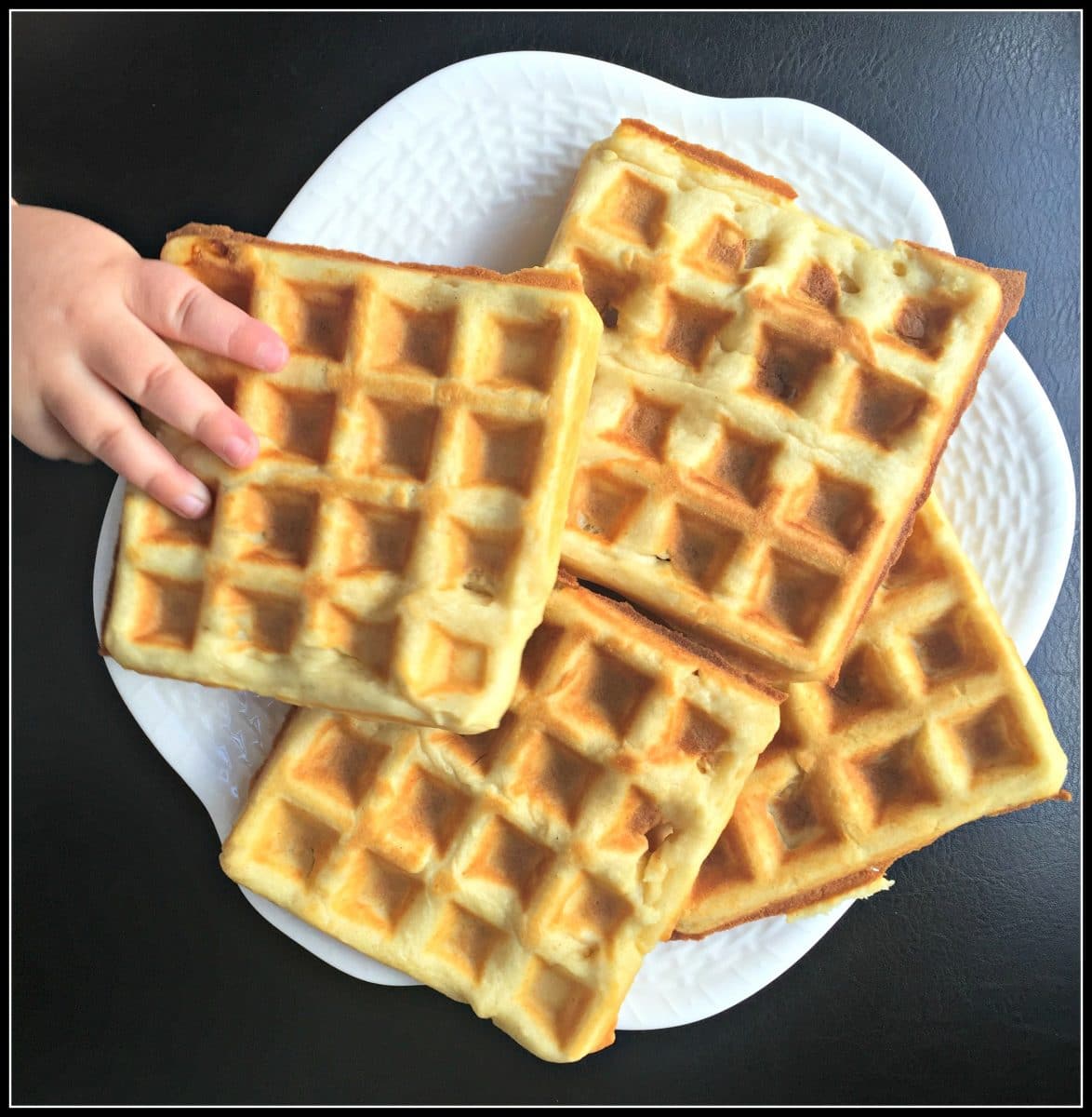 Gluten-free belgian waffles - baby fingers photobomb