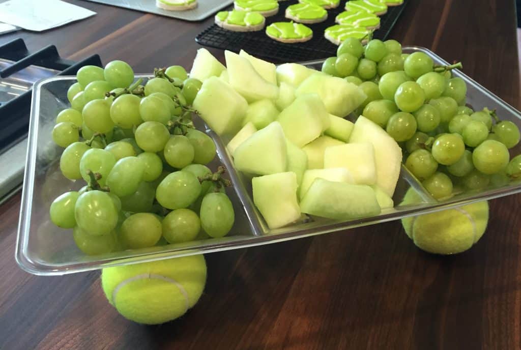 Tennis ball tray! Four tennis balls, one tray, and a hot glue gun - presto!