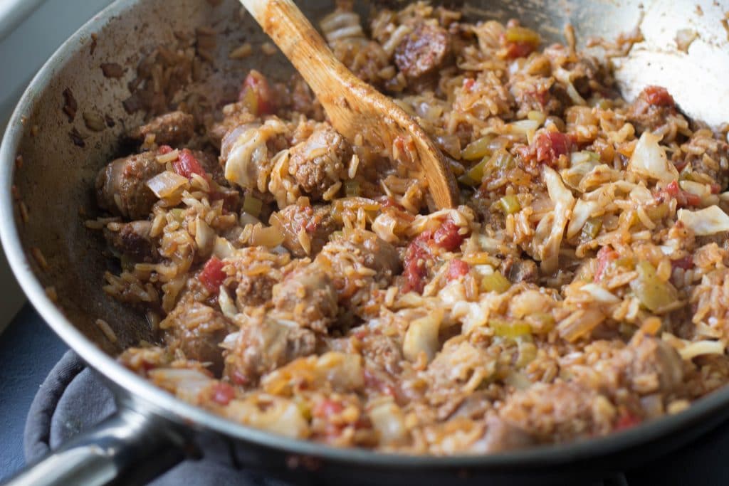 cajun sausage and rice skillet || Erin Brighton | gluten free | dairy free |easy dinner | one pan dinner
